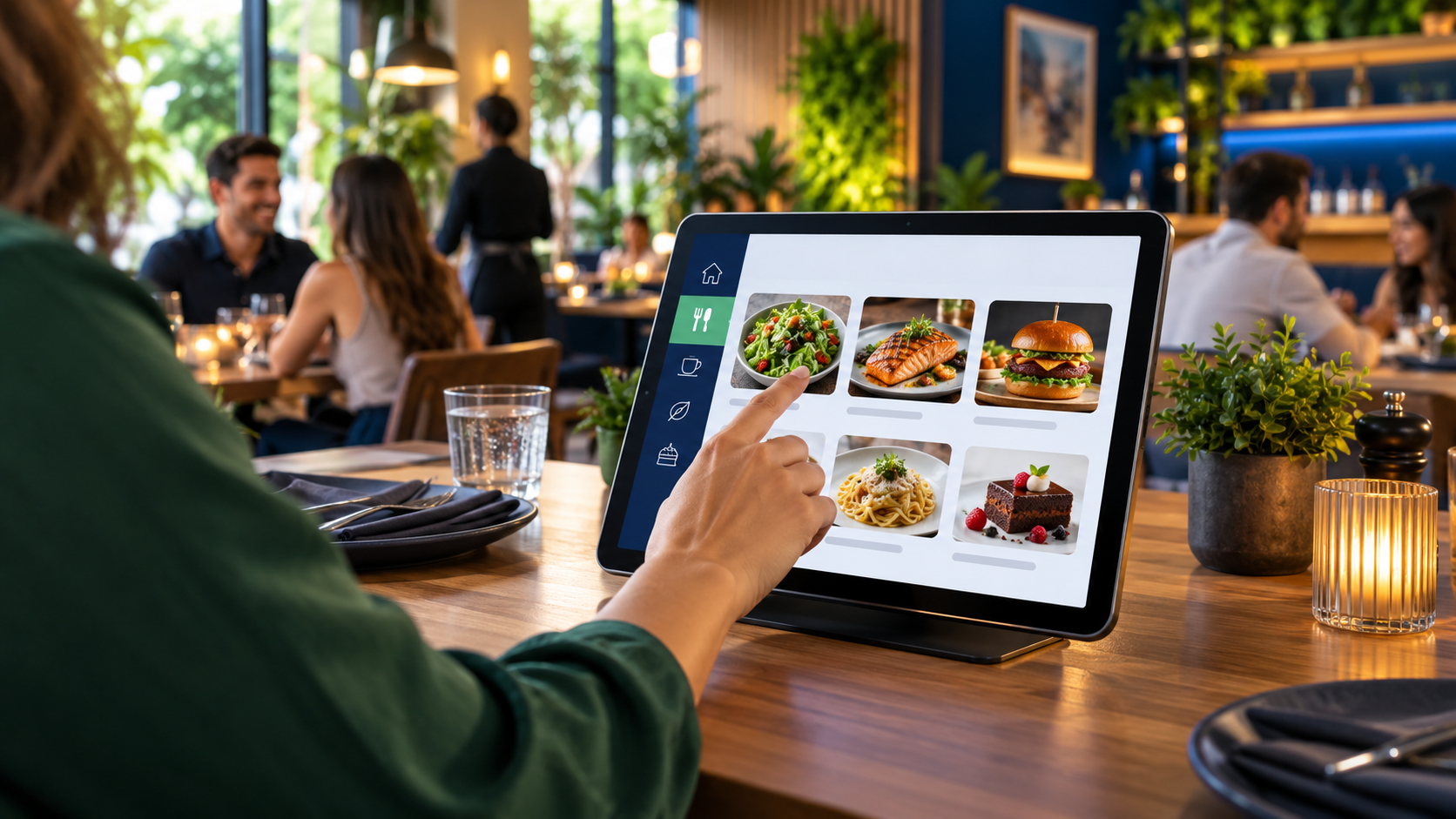 Tablet de autoatendimento em uma mesa de restaurante