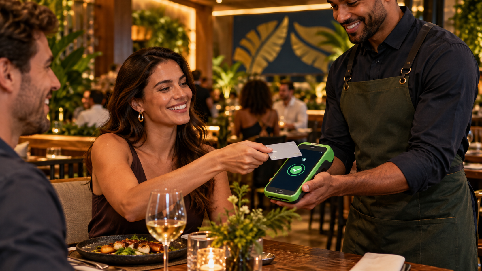Cliente pagando por aproximação diretamente na mesa